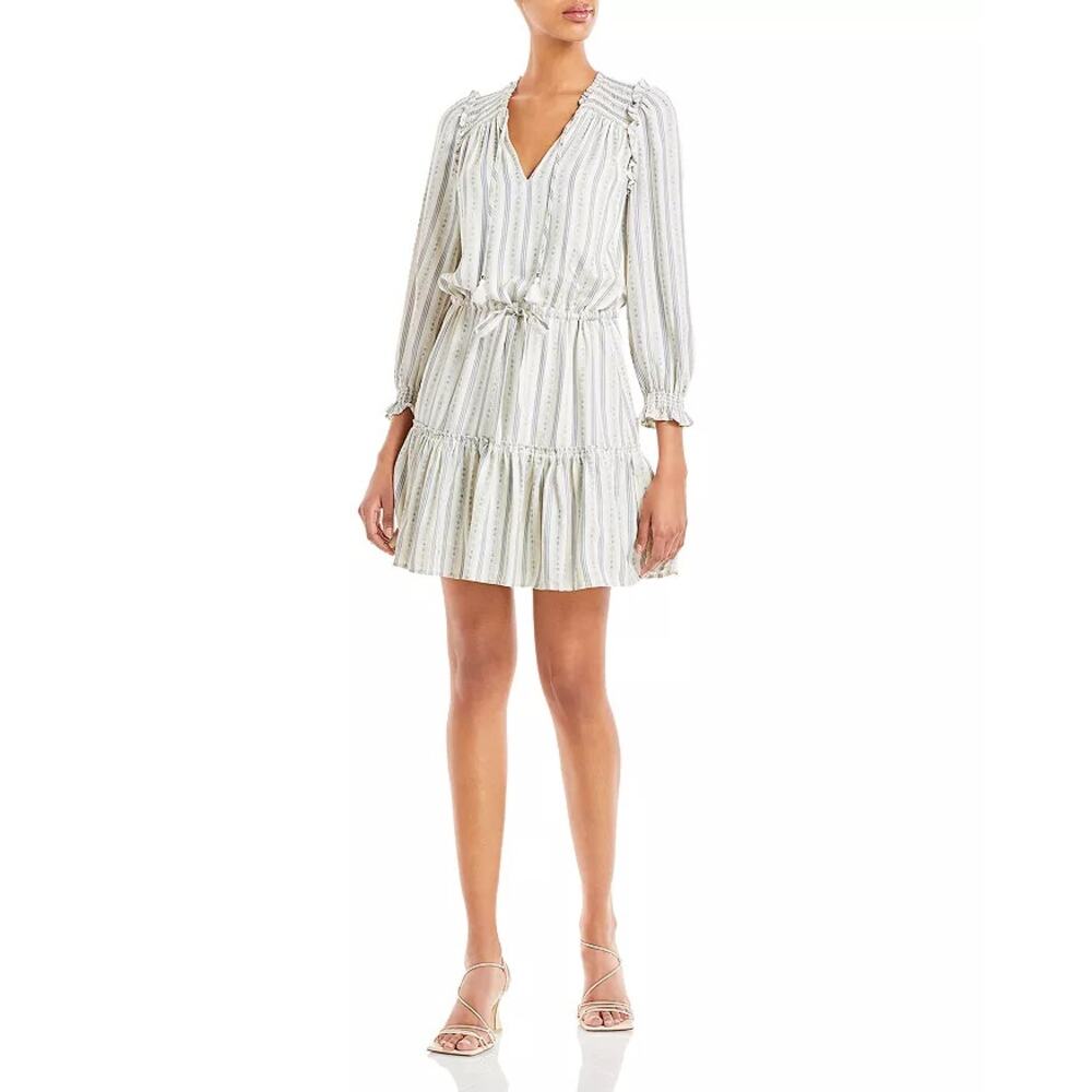 Paige Women's Kaylynn Striped Tassel Tiered Tie Dress Lined White Blue Striped